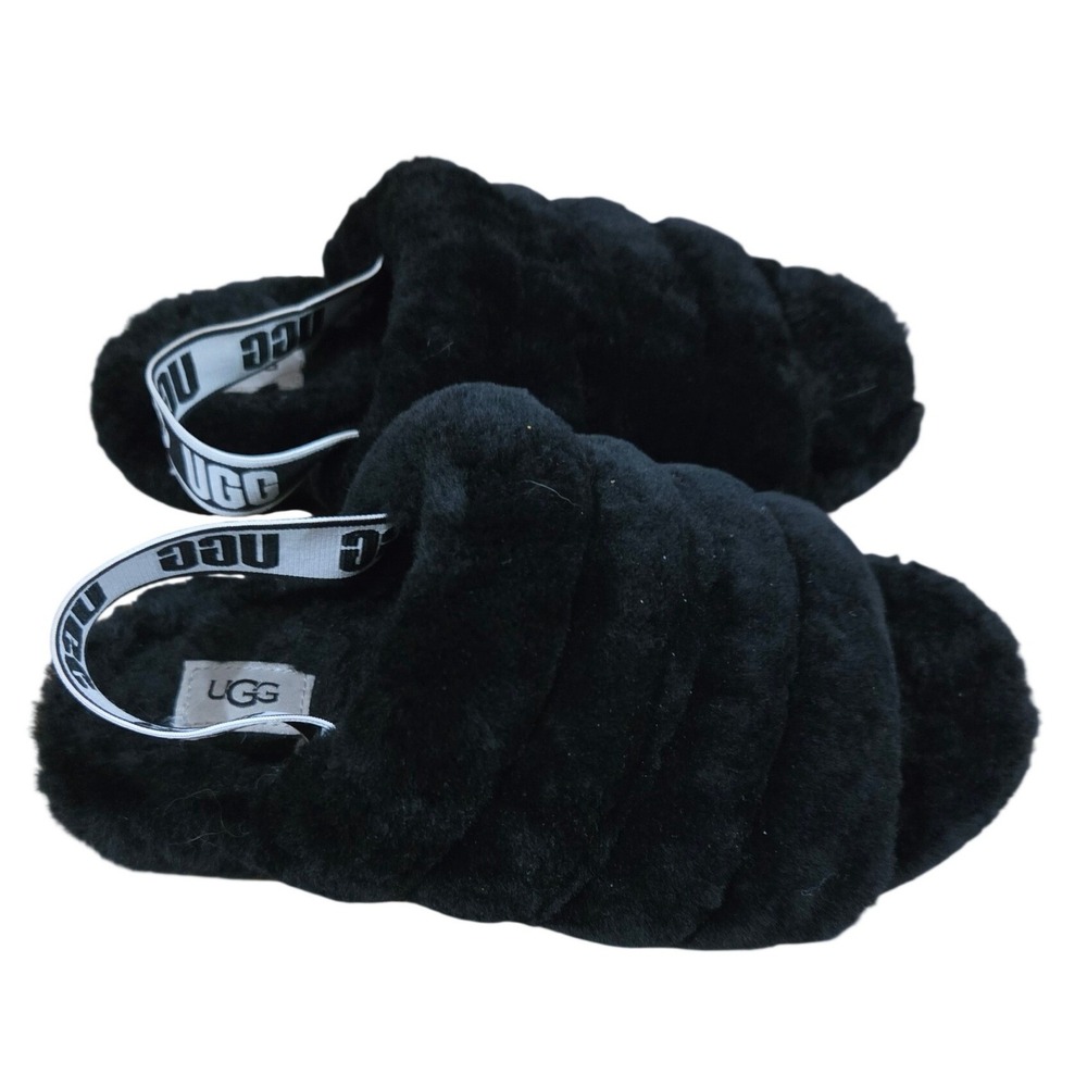 UGG Fluff Yeah Slide Black Sheepskin Slingback Sandals Slipper 5 Shearling Shoe